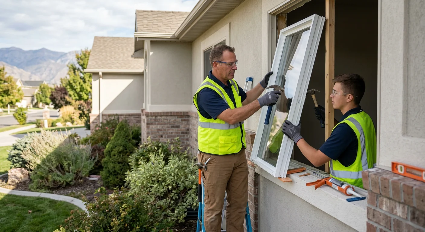 Technician installing a double hung window in a West Jordan home with protective coverings