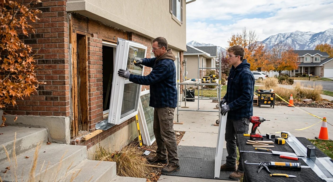 Technician installing an egress basement window and window well in a West Jordan home