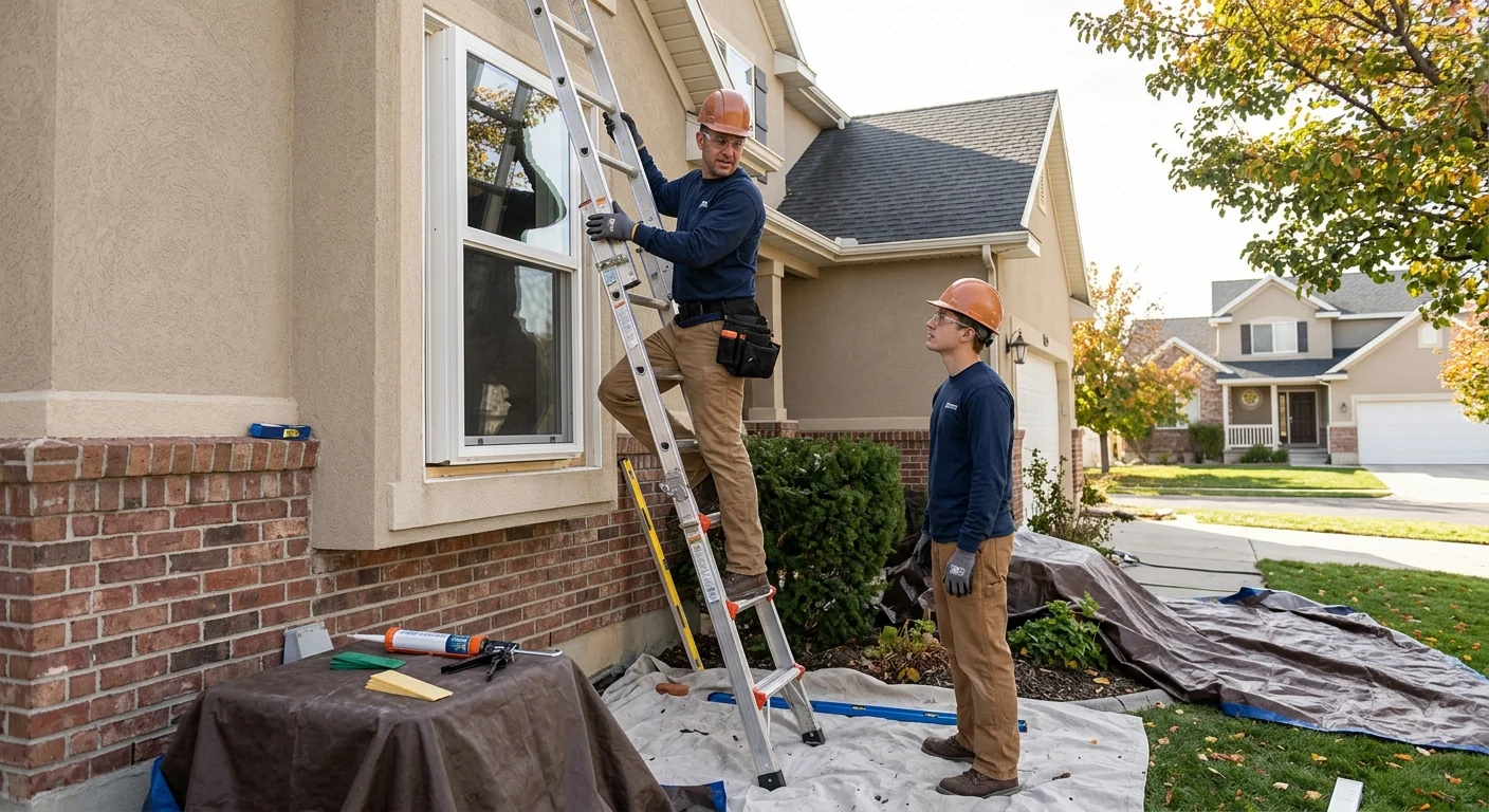 Trained technician sealing an energy efficient replacement window in a West Jordan home