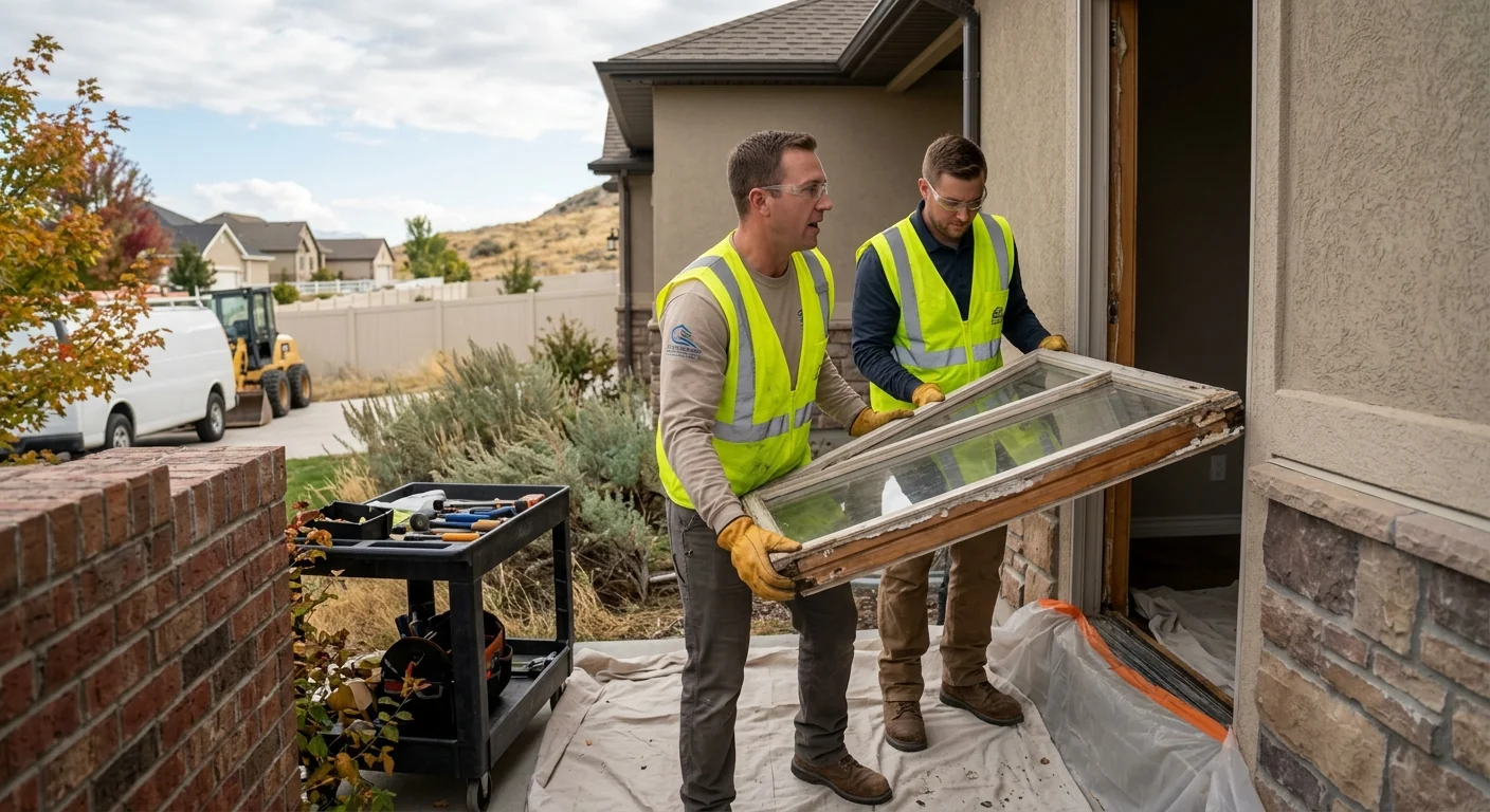 Technician installing a new sliding glass door in a West Jordan home