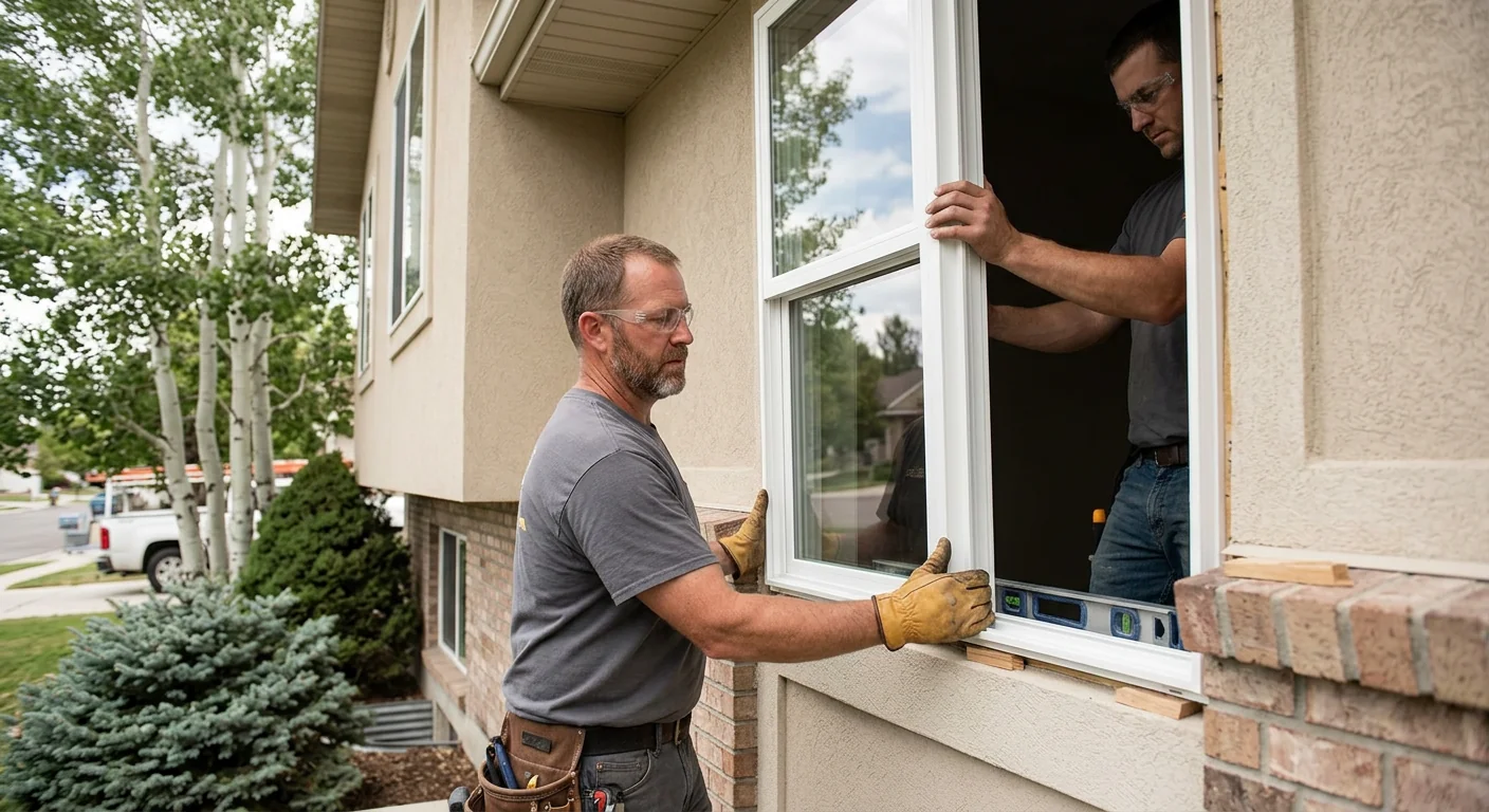 Close-up of foggy sealed window pane and worn weatherstripping on a West Jordan home
