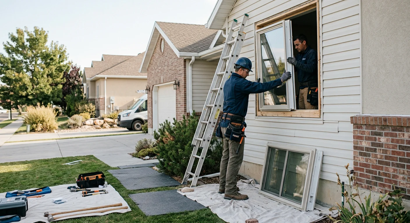 Trained technician inspecting a repaired double-pane window in a West Jordan home