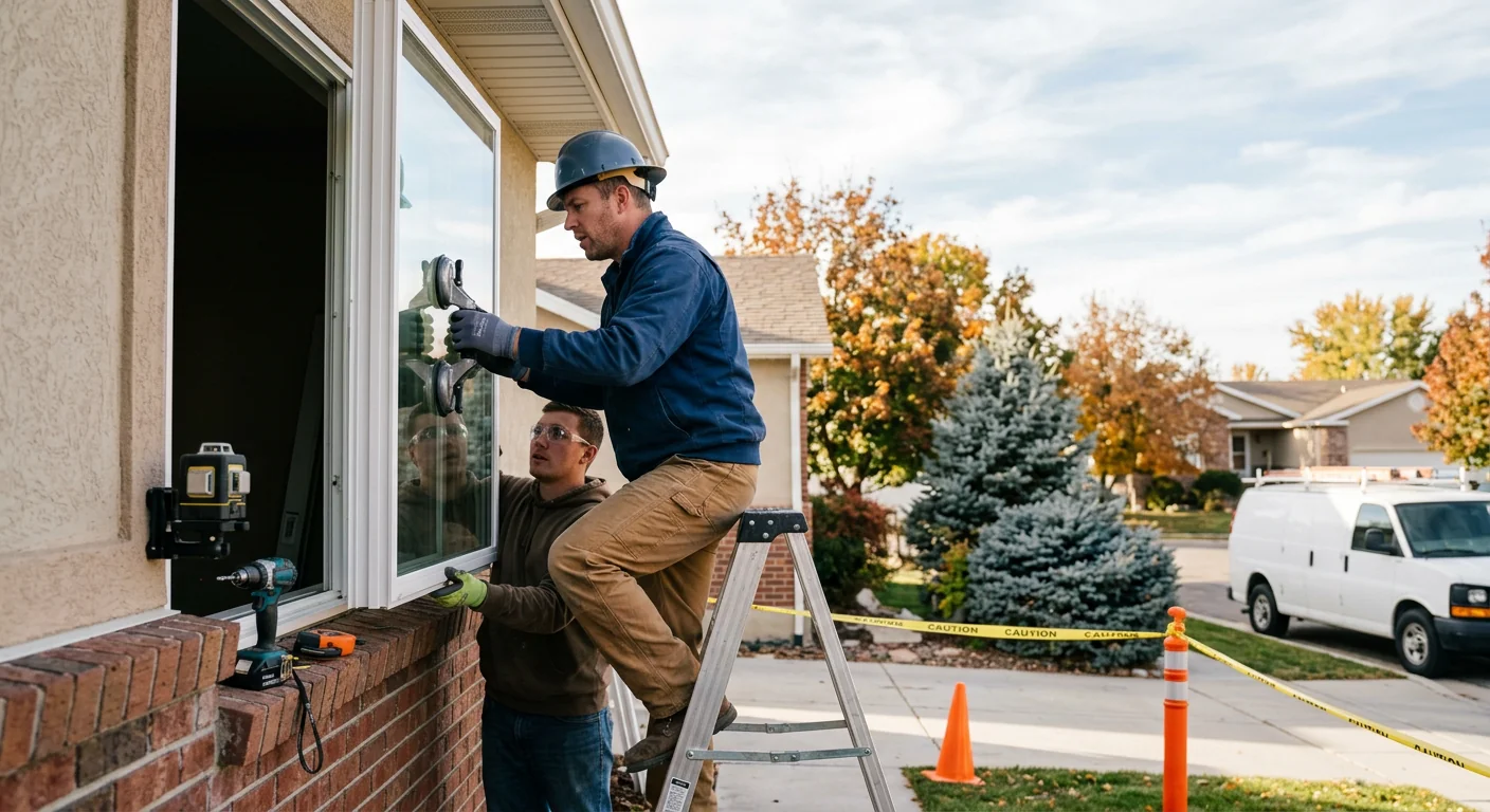 Window replacement technician measuring a home window opening in West Jordan
