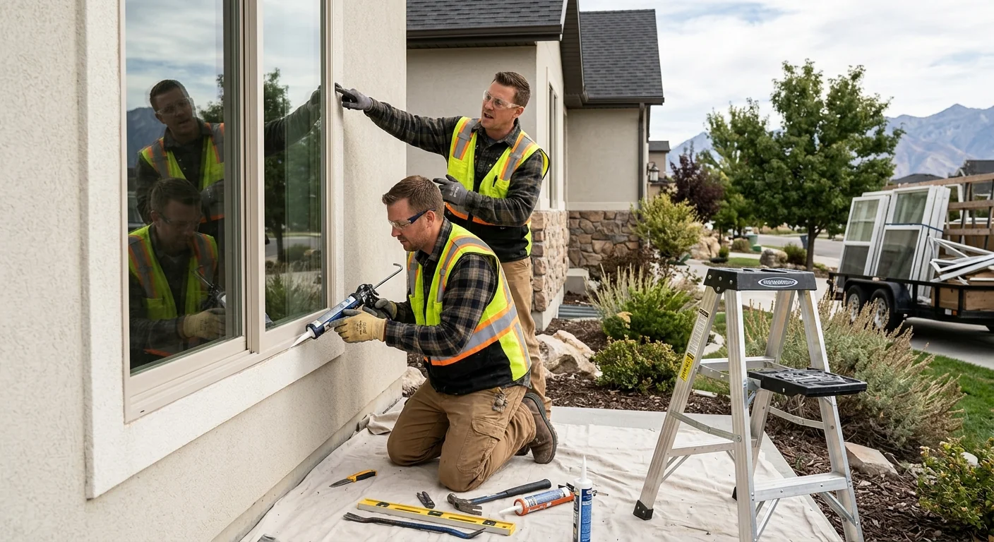 Technician reviewing window replacement details with a West Jordan homeowner