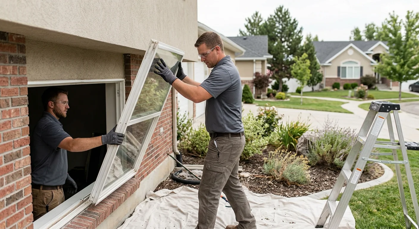 Close-up of energy efficient double-pane window frame during installation