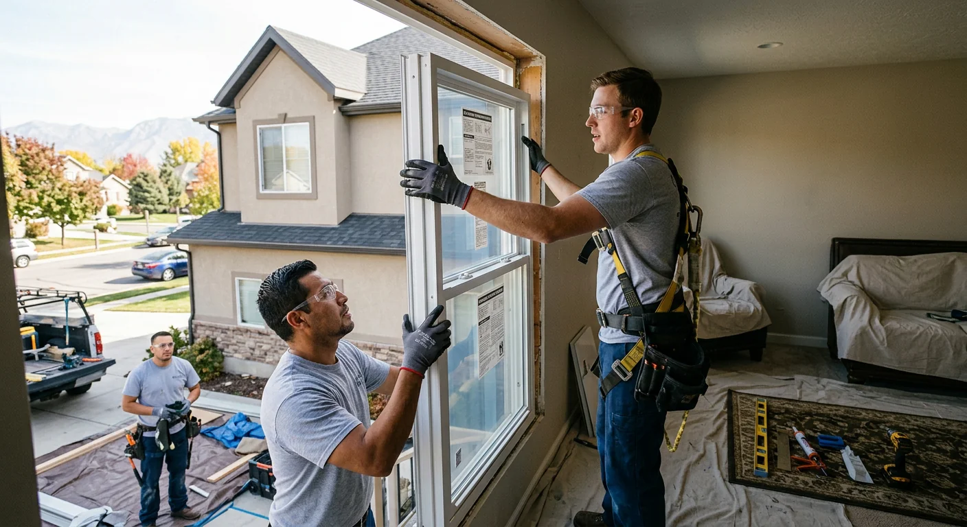 Technician measuring a home window opening before replacement work in West Jordan