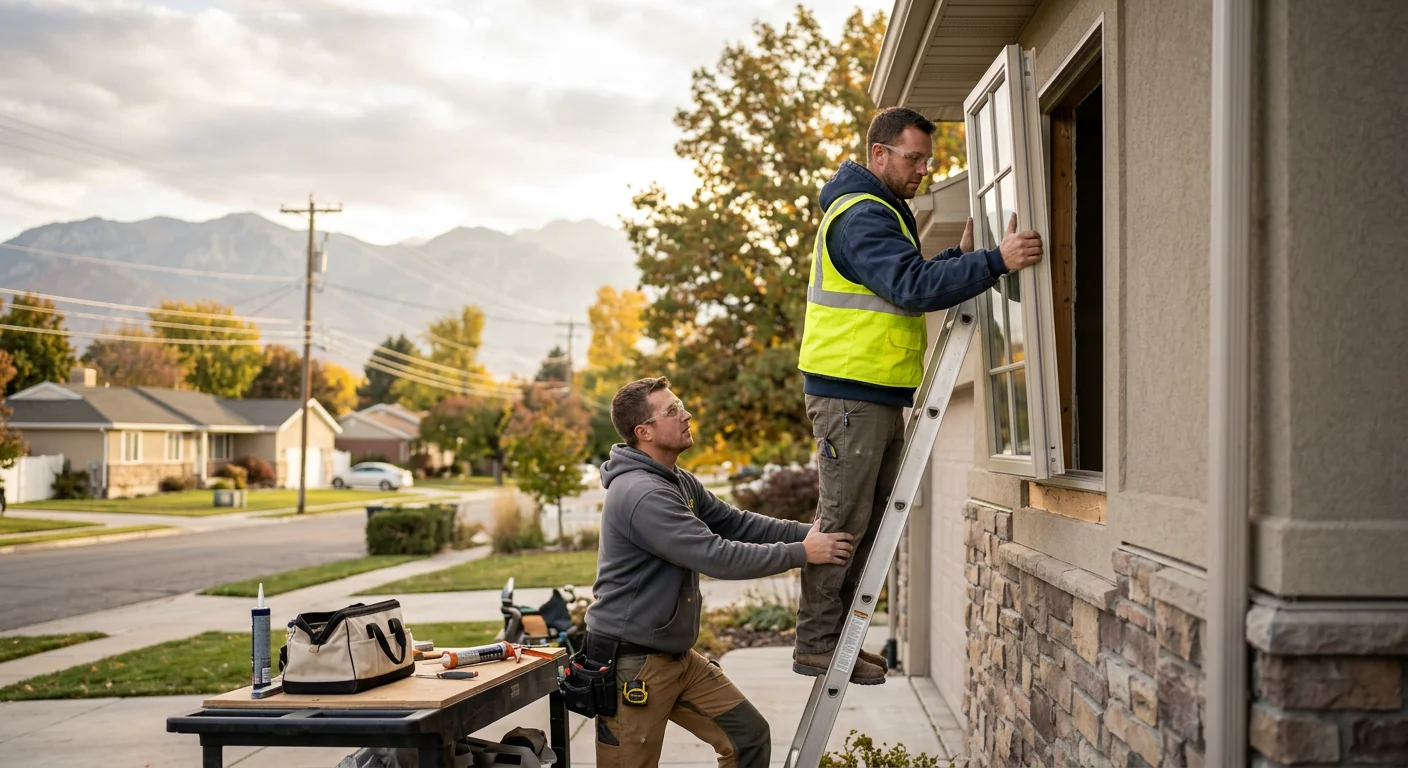 Technician measuring a home window during a West Jordan replacement consultation