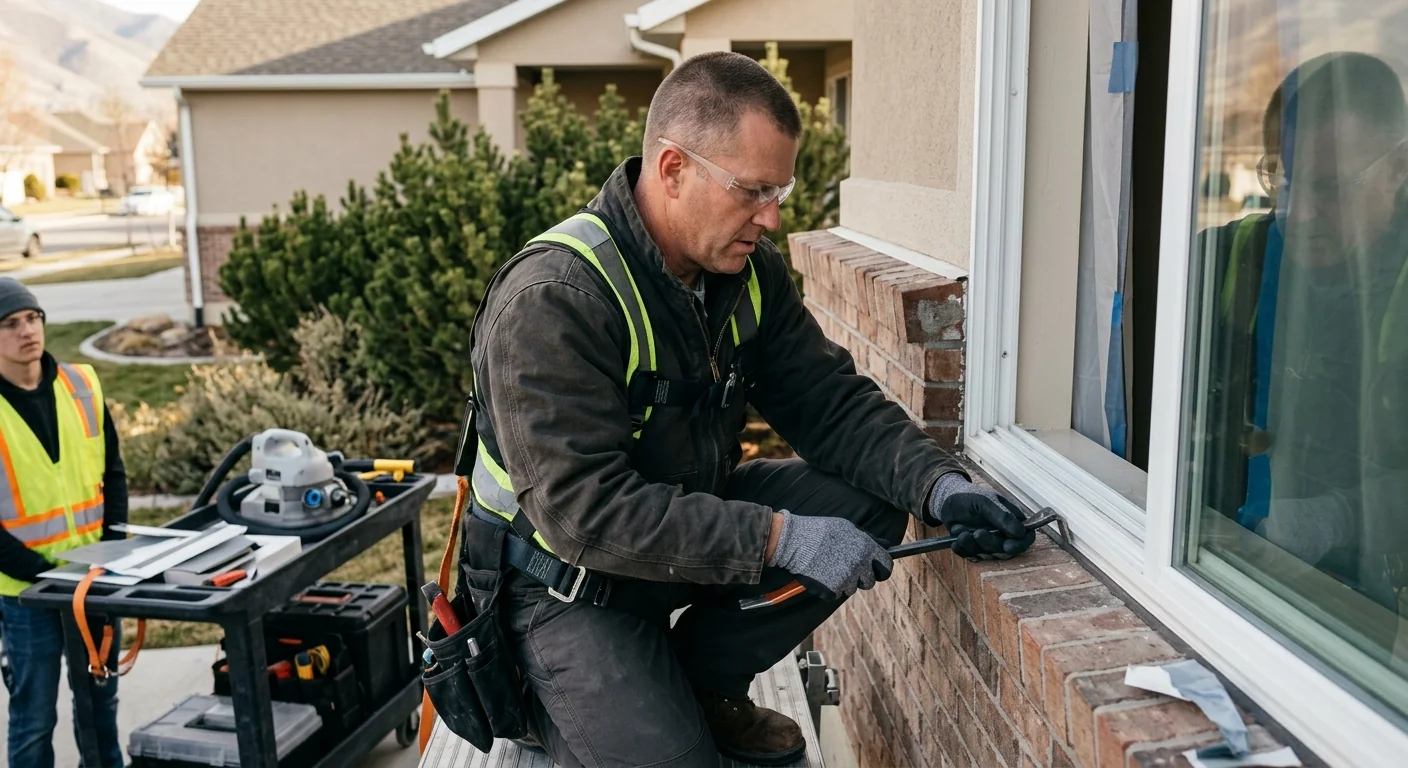 Window replacement technician checking sash fit on a West Jordan home before install
