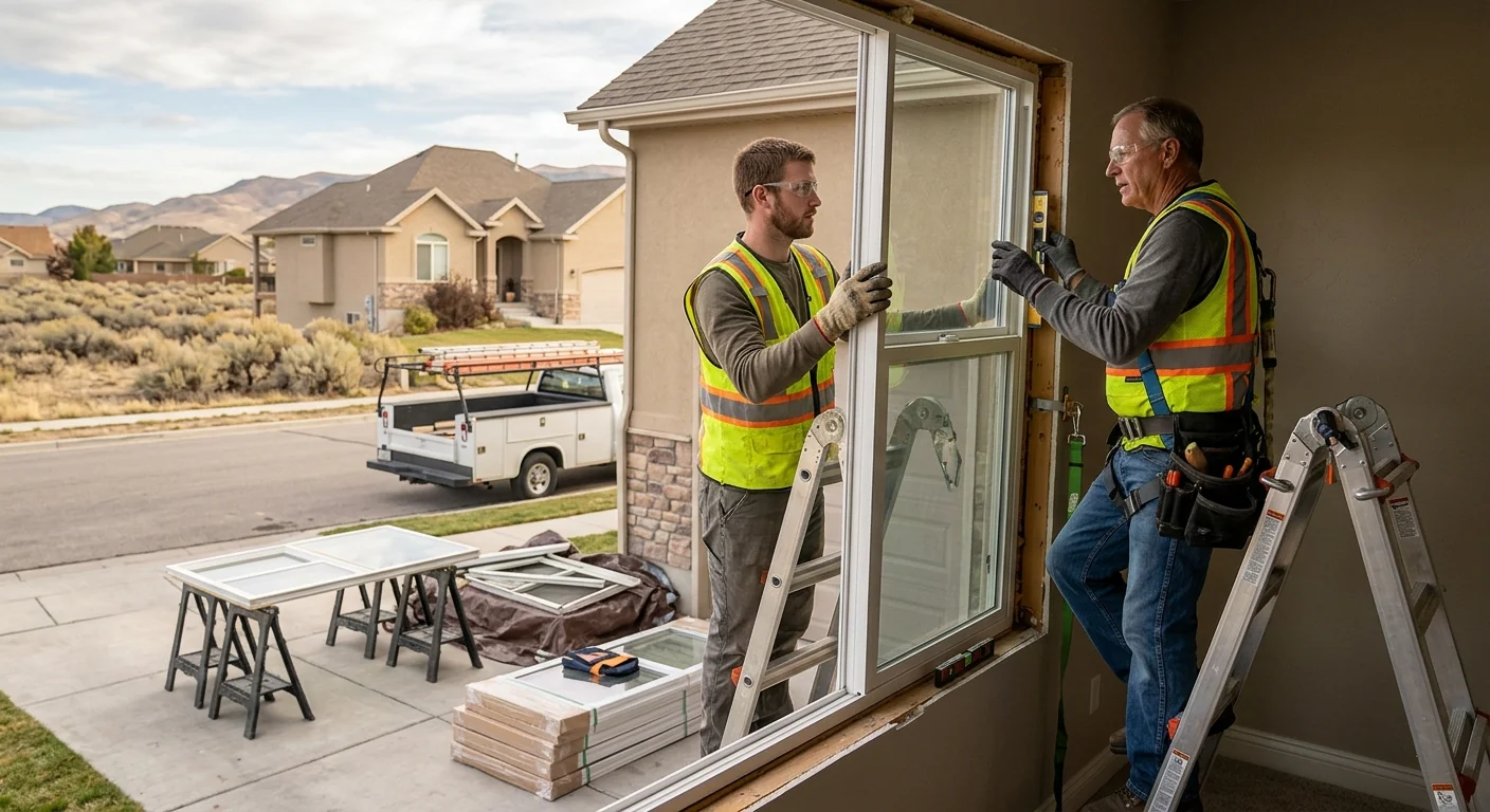 Crew reviewing a newly installed window with a homeowner in West Jordan